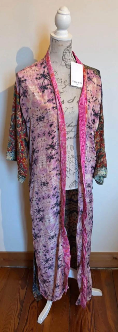 ♥ Long kimono satiné & ceinture dans les tons rosés Gold & Silver - Taille U – photo 2